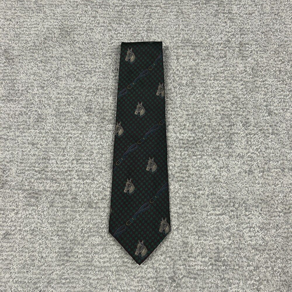 Polo Ralph Lauren Hand Cut Silk Tie Mens Equestrian Horse Houndstooth Green USA